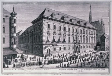Pohled na pohřební průvod s katedrálou sv. Štěpána v pozadí vyrytý Johannem-Augustem Korvínem (1683-1738)